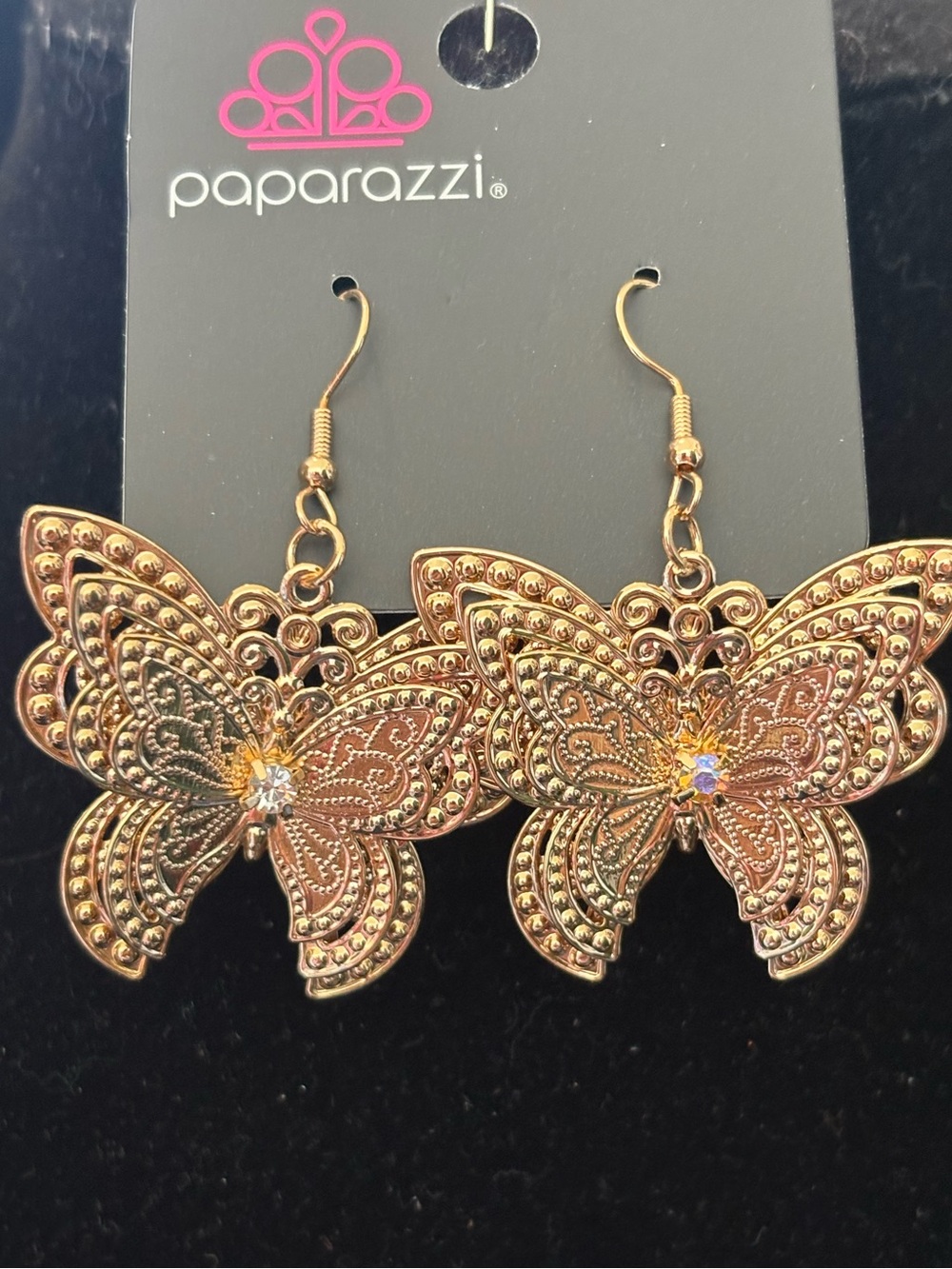 paparazzi Gold Filigree Butterfly Drop Earrings with Sparkle